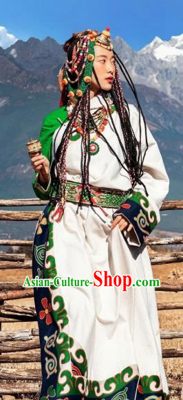 China Zang Nationality Bride White Robe Traditional Xizang Tibetan Minority Wedding Clothing