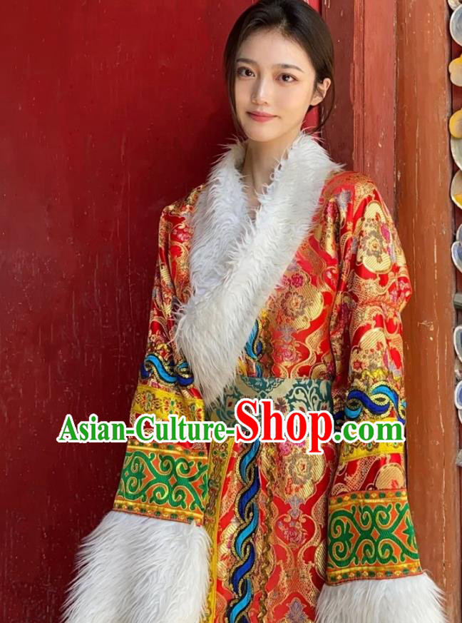 China Zang Nationality Wedding Red Brocade Robe Traditional Xizang Tibetan Minority Bride Clothing