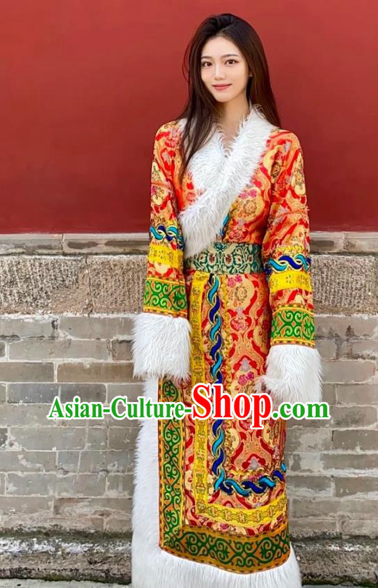 China Zang Nationality Wedding Red Brocade Robe Traditional Xizang Tibetan Minority Bride Clothing