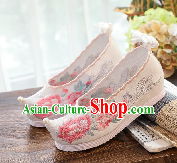 China Handmade White Cloth Shoes National Embroidered Peony Hanfu Shoes Traditional Ming Dynasty Princess Shoes
