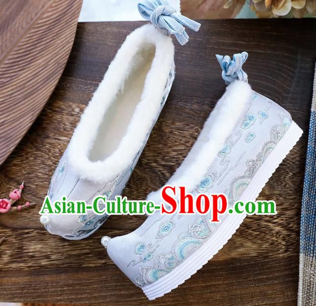China Handmade Ancient Princess Shoes National Embroidered Grey Cloth Shoes Traditional Winter Hanfu Shoes