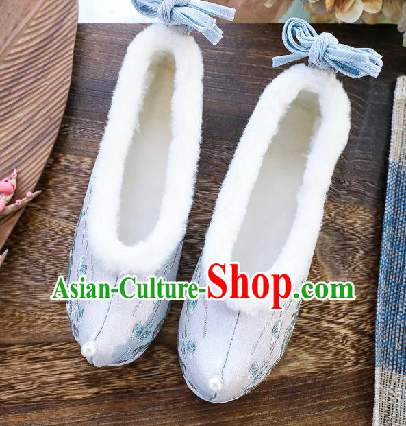 China Handmade Ancient Princess Shoes National Embroidered Grey Cloth Shoes Traditional Winter Hanfu Shoes