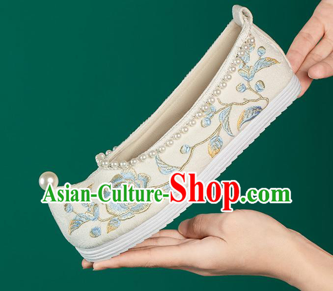 China Handmade Ancient Princess Shoes White Embroidered Shoes Traditional Hanfu Pearls Shoes