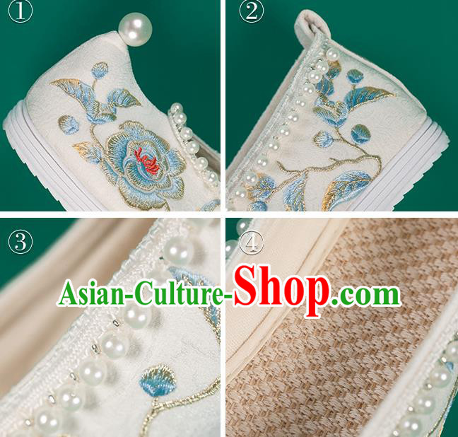 China Handmade Ancient Princess Shoes White Embroidered Shoes Traditional Hanfu Pearls Shoes