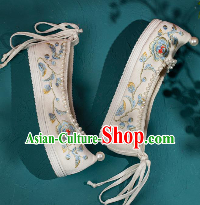 China Handmade Ancient Princess Shoes White Embroidered Shoes Traditional Hanfu Pearls Shoes
