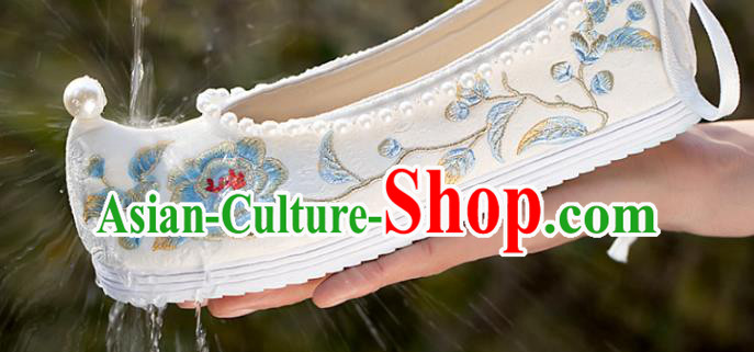 China Handmade Ancient Princess Shoes White Embroidered Shoes Traditional Hanfu Pearls Shoes
