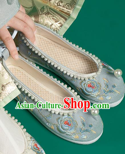 China Traditional Hanfu Pearls Shoes Handmade Ancient Princess Shoes Light Blue Embroidered Shoes