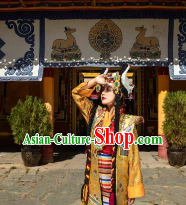 China Zang Nationality Noble Queen Clothing Traditional Xizang Tibetan Minority Golden Brocade Outfits