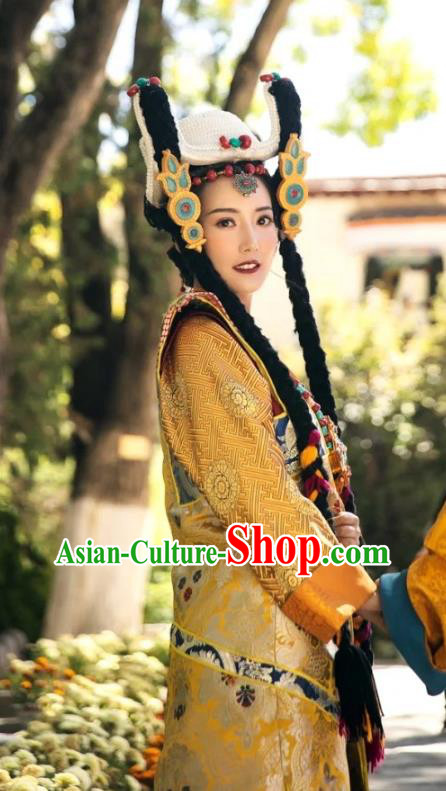 China Zang Nationality Noble Queen Clothing Traditional Xizang Tibetan Minority Golden Brocade Outfits