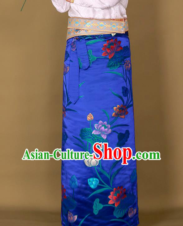 Chinese Zang Nationality Heishui Dance Royalblue Brocade Skirt Tibetan Folk Dance Woman Clothing