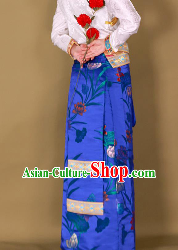 Chinese Zang Nationality Heishui Dance Royalblue Brocade Skirt Tibetan Folk Dance Woman Clothing