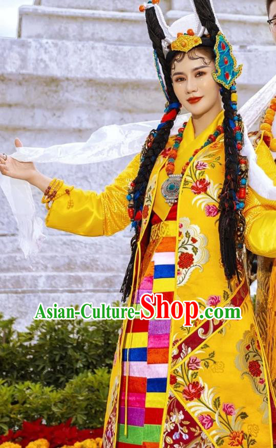 China Zang Nationality Noble Queen Clothing Traditional Xizang Tibetan Minority Golden Brocade Outfits