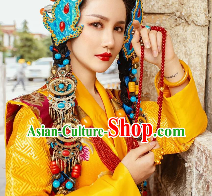 China Zang Nationality Noble Queen Clothing Traditional Xizang Tibetan Minority Golden Brocade Outfits