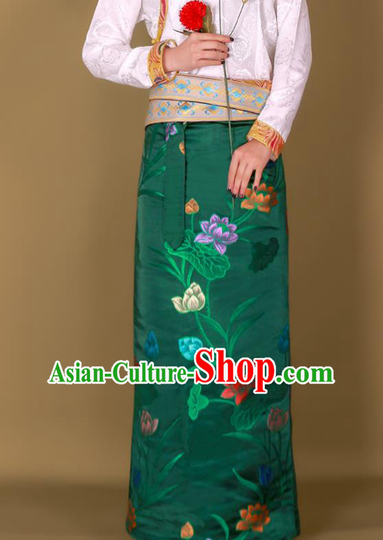 Chinese Tibetan Ethnic Folk Dance Woman Clothing Zang Nationality Heishui Dance Green Brocade Skirt