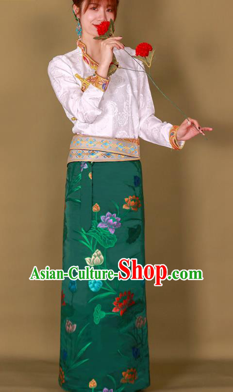 Chinese Tibetan Ethnic Folk Dance Woman Clothing Zang Nationality Heishui Dance Green Brocade Skirt