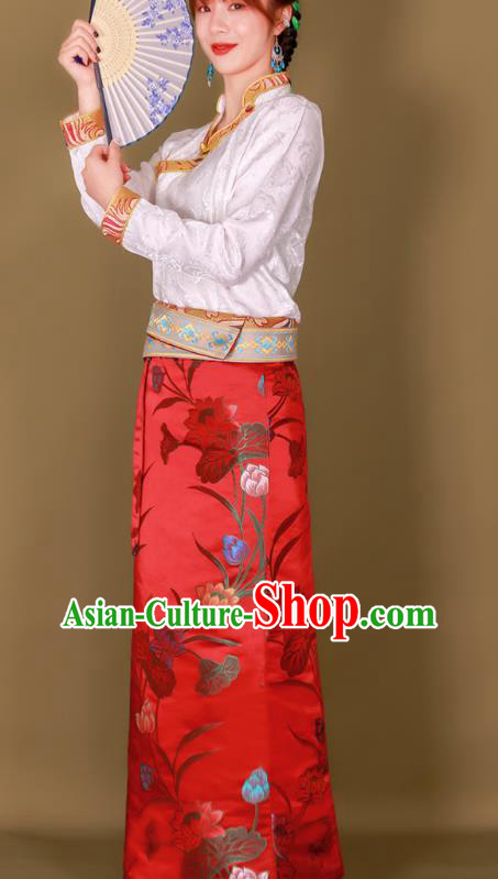 Chinese Tibetan Ethnic Heishui Dance Clothing Zang Nationality Woman Red Brocade Skirt