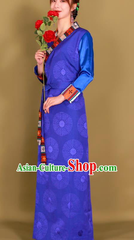 China Zang Nationality Young Lady Clothing Traditional Xizang Minority Royalblue Bola Dress