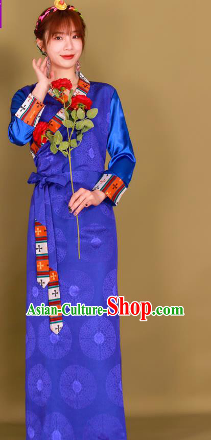 China Zang Nationality Young Lady Clothing Traditional Xizang Minority Royalblue Bola Dress