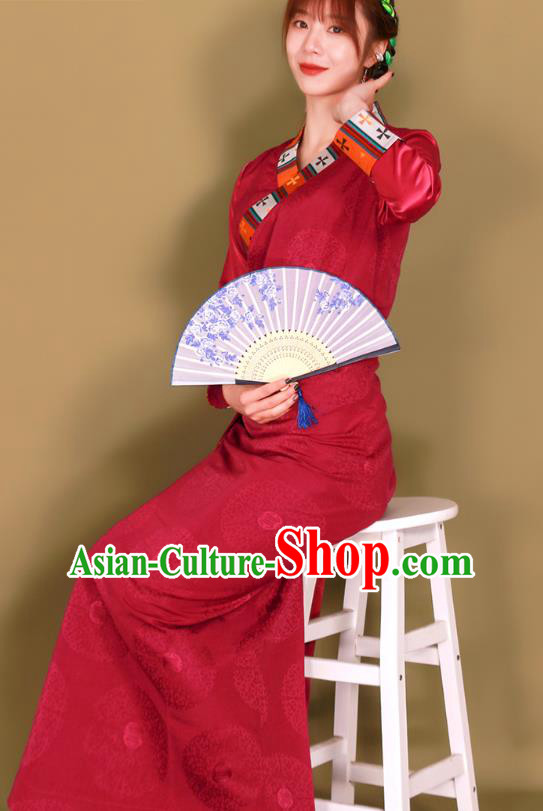 China Zang Nationality Stage Performance Clothing Traditional Xizang Tibetan Minority Folk Dance Red Bola Dress