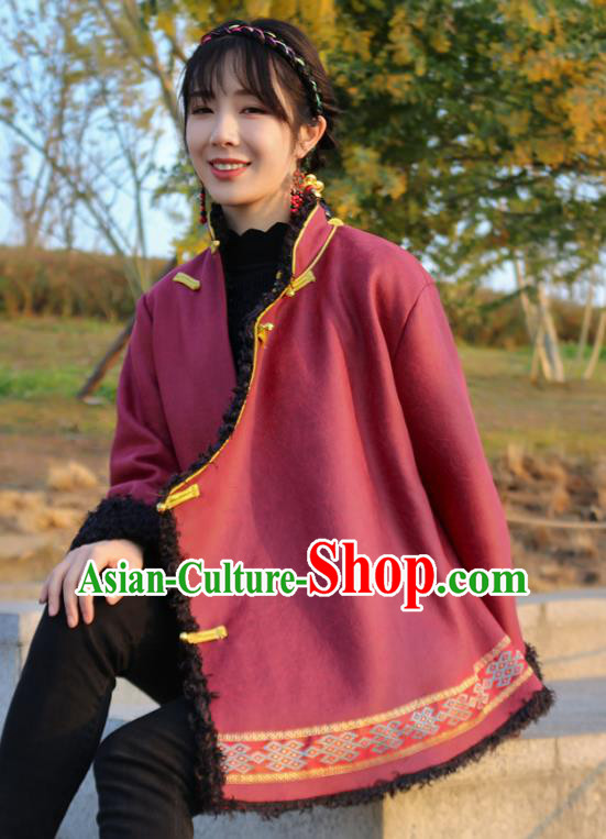 Chinese Tibetan Ethnic Winter Outer Garment Clothing Zang Nationality Woman Wine Red Brushed Jacket