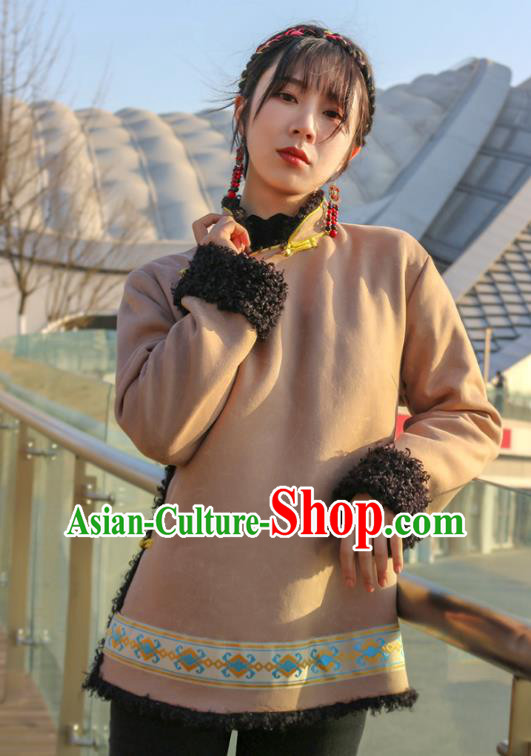Chinese Zang Nationality Woman Khaki Brushed Jacket Tibetan Ethnic Winter Outer Garment Clothing