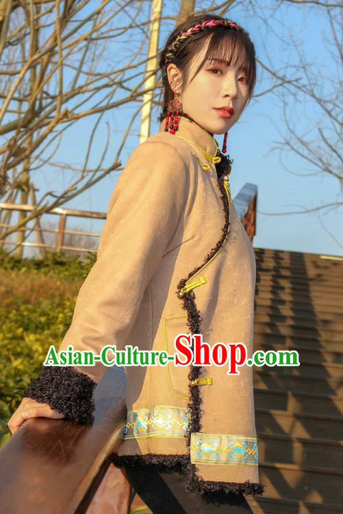 Chinese Zang Nationality Woman Khaki Brushed Jacket Tibetan Ethnic Winter Outer Garment Clothing