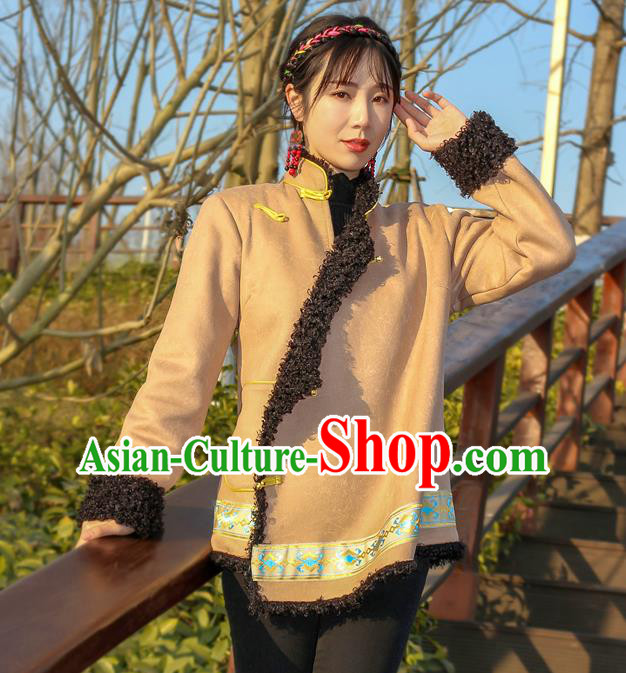 Chinese Zang Nationality Woman Khaki Brushed Jacket Tibetan Ethnic Winter Outer Garment Clothing