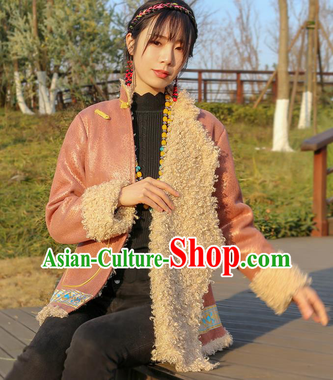 Chinese Traditional Tibetan Ethnic Woman Outer Garment Clothing Zang Nationality Winter Pink Brushed Jacket