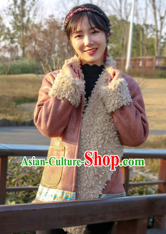 Chinese Traditional Tibetan Ethnic Woman Outer Garment Clothing Zang Nationality Winter Pink Brushed Jacket