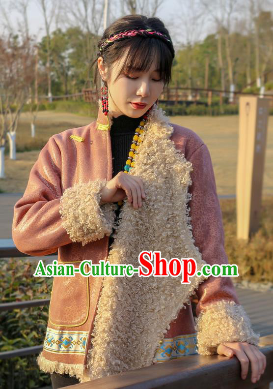 Chinese Traditional Tibetan Ethnic Woman Outer Garment Clothing Zang Nationality Winter Pink Brushed Jacket