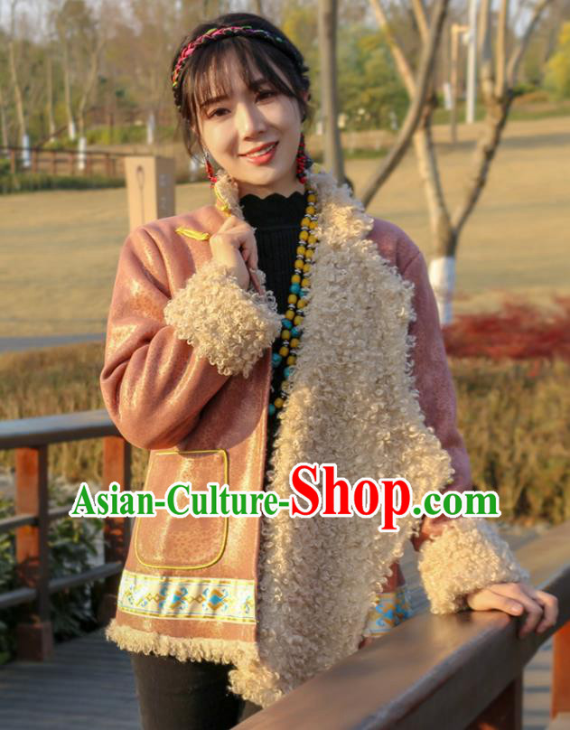 Chinese Traditional Tibetan Ethnic Woman Outer Garment Clothing Zang Nationality Winter Pink Brushed Jacket