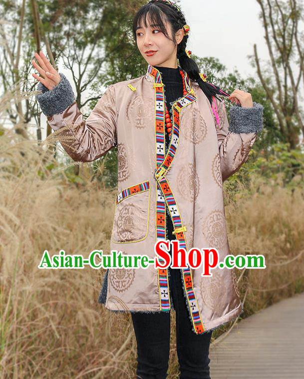 Chinese Zang Nationality Apricot Brocade Cotton Wadded Jacket Traditional Tibetan Ethnic Winter Overcoat Clothing