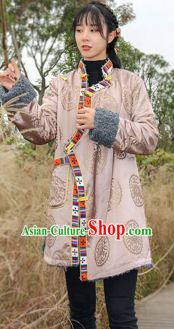 Chinese Zang Nationality Apricot Brocade Cotton Wadded Jacket Traditional Tibetan Ethnic Winter Overcoat Clothing