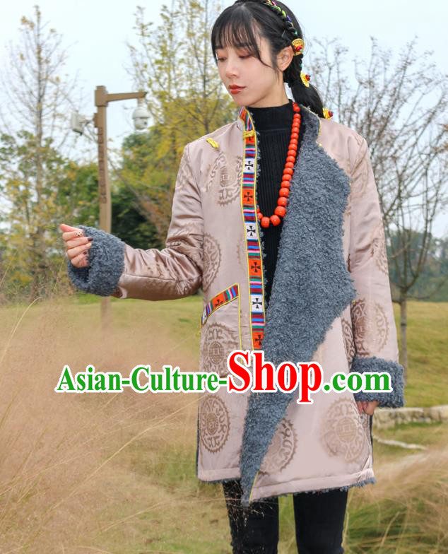 Chinese Zang Nationality Apricot Brocade Cotton Wadded Jacket Traditional Tibetan Ethnic Winter Overcoat Clothing
