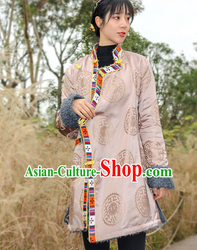 Chinese Zang Nationality Apricot Brocade Cotton Wadded Jacket Traditional Tibetan Ethnic Winter Overcoat Clothing