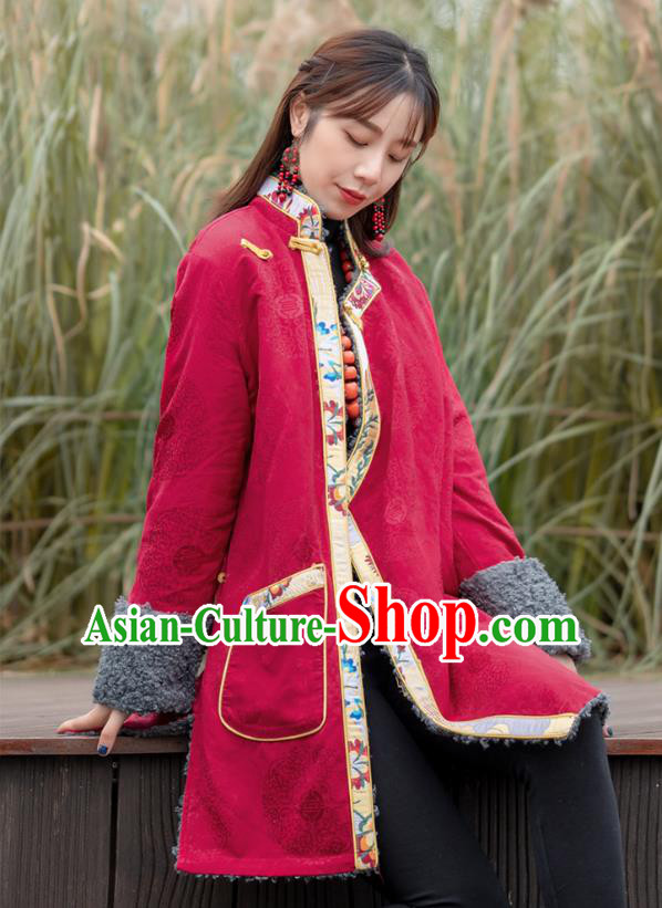 Chinese Traditional Tibetan Ethnic Greatcoat Clothing Zang Nationality Winter Red Brocade Cotton Wadded Coat