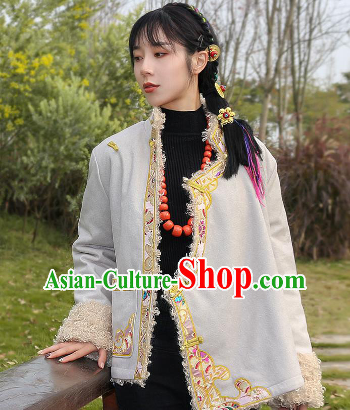 Chinese Traditional Tibetan Ethnic Female Greatcoat Clothing Zang Nationality Winter Embroidered Beige Jacket