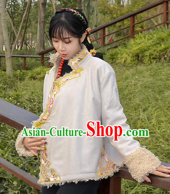 Chinese Traditional Tibetan Ethnic Female Greatcoat Clothing Zang Nationality Winter Embroidered Beige Jacket