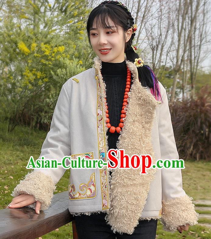 Chinese Traditional Tibetan Ethnic Female Greatcoat Clothing Zang Nationality Winter Embroidered Beige Jacket