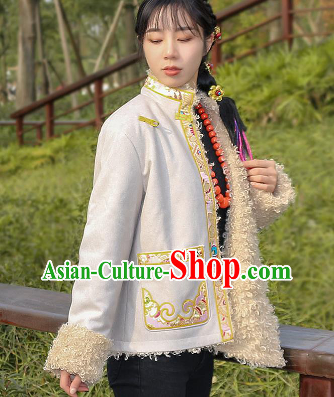 Chinese Traditional Tibetan Ethnic Female Greatcoat Clothing Zang Nationality Winter Embroidered Beige Jacket