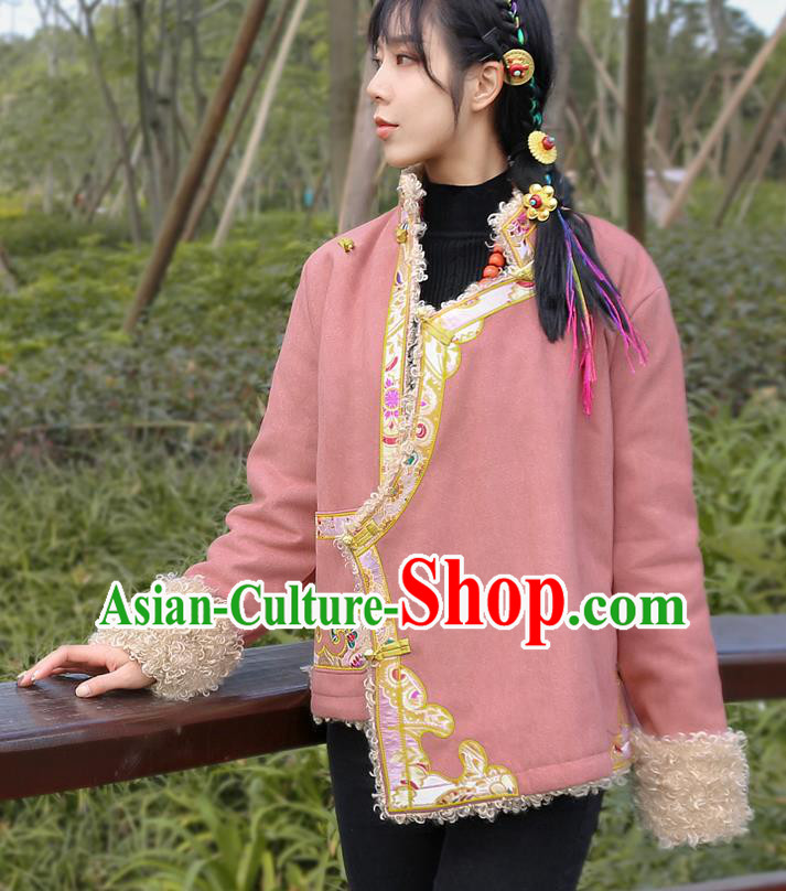 Chinese Zang Nationality Winter Embroidered Pink Jacket Traditional Tibetan Ethnic Female Outer Garment Clothing