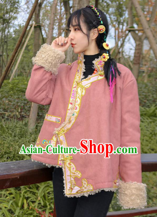 Chinese Zang Nationality Winter Embroidered Pink Jacket Traditional Tibetan Ethnic Female Outer Garment Clothing