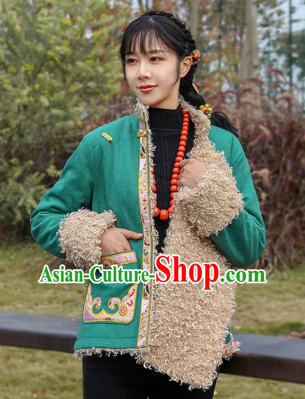 Chinese Zang Nationality Embroidered Green Jacket Clothing Traditional Tibetan Ethnic Winter Outer Garment