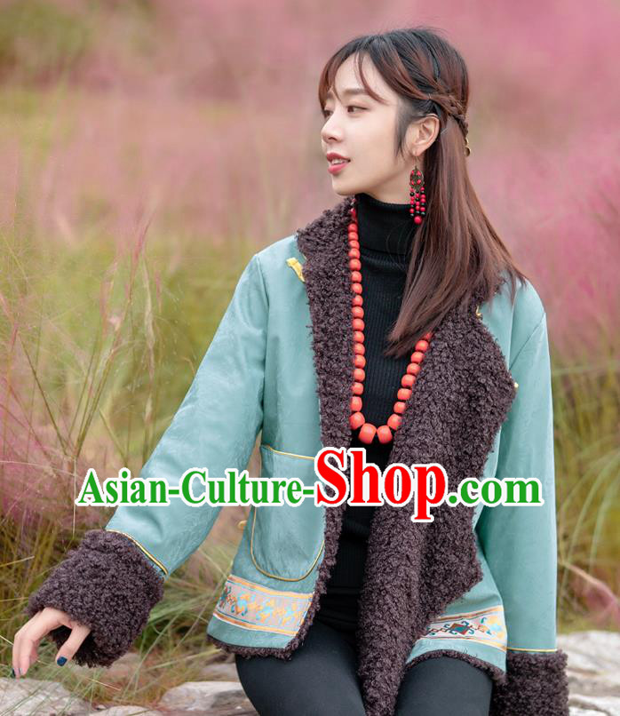 Chinese Zang Nationality Blue Feather Jacket Traditional Tibetan Ethnic Lamb Wool Outer Garment Clothing