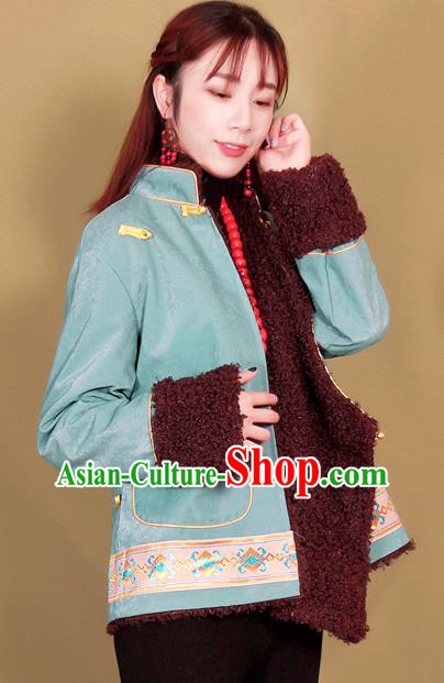 Chinese Zang Nationality Blue Feather Jacket Traditional Tibetan Ethnic Lamb Wool Outer Garment Clothing