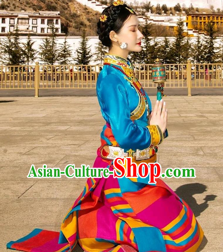 China Zang Nationality Stage Performance Clothing Traditional Xizang Tibetan Minority Blue Blouse and Rosy Robe Outfits
