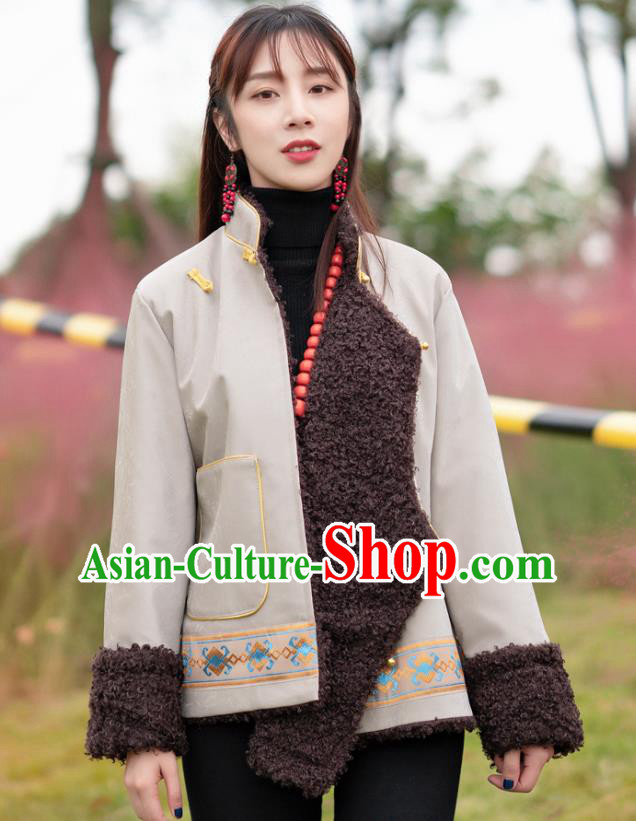 Chinese Traditional Tibetan Ethnic Winter Lamb Wool Outer Garment Clothing Zang Nationality Light Grey Leather Jacket