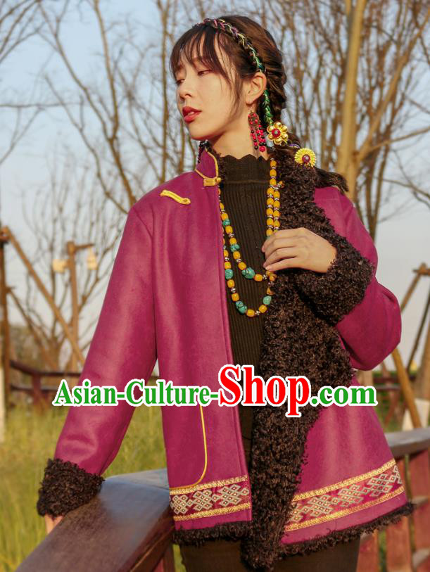 Chinese Zang Nationality Clothing Traditional Winter Lamb Wool Outer Garment Tibetan Ethnic Wine Red Leather Jacket