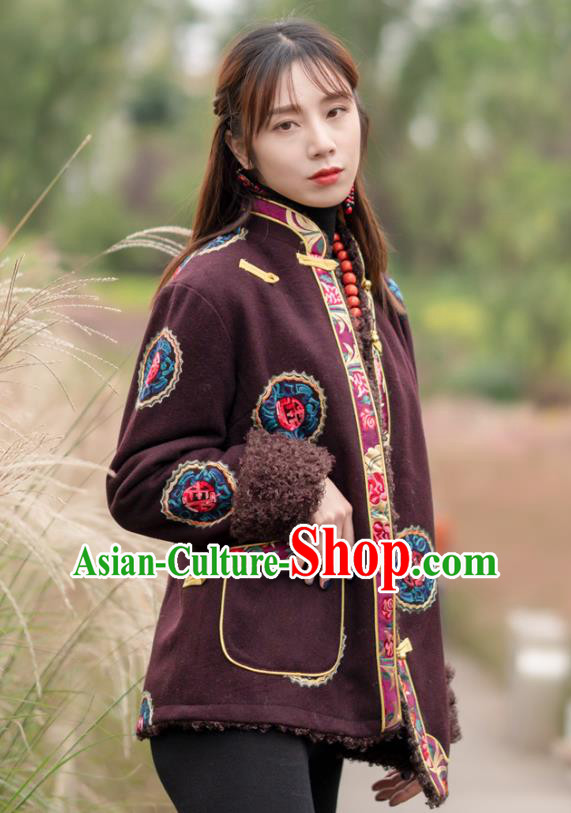 Chinese Tibetan Ethnic Embroidered Wine Red Jacket Zang Nationality Winter Clothing Traditional Lamb Wool Outer Garment