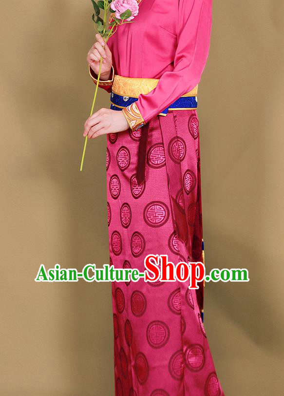 Chinese Traditional Zang Nationality Heishui Dance Clothing Tibetan Ethnic Rosy Brocade Skirt